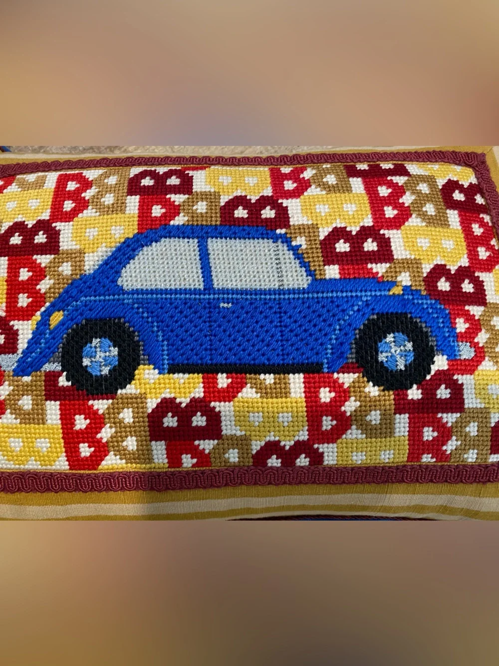 Handmade Blue VW Beetle Car Needlepoint Throw Pillow Goose Down Feather 18”x12”